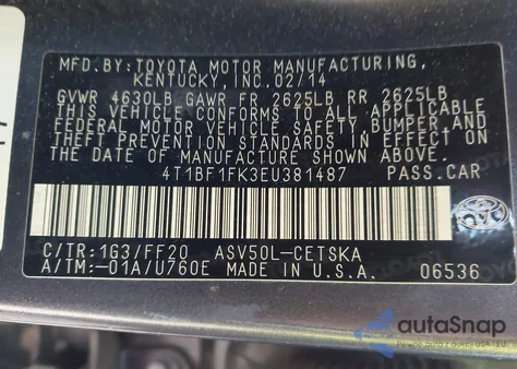 2014 Toyota Camry Se z USA, uszkodzony, nr VIN 4T1BF1FK3EU381487